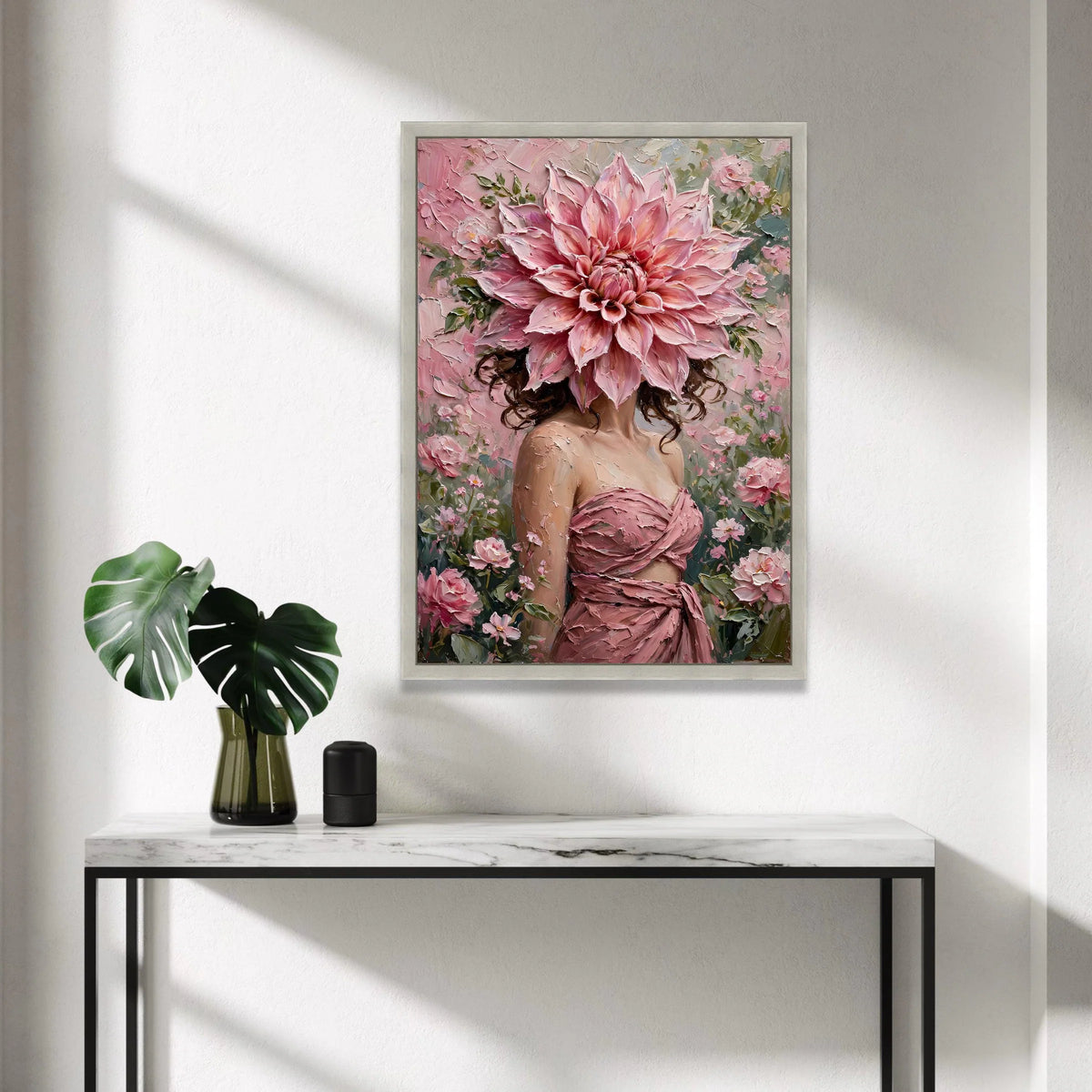 Floral Portrait Canvas Wall Art, Woman with Pink Flower Headpiece, Romantic Botanical Canvas, Feminine Home Decoration, Canvas Print Art