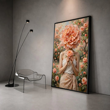 Elegant Woman with Peach Rose Headpiece, Floral Canvas Wall Art, Romantic Garden Scene, Feminine Decorative Painting, Ready Canvas Print Art