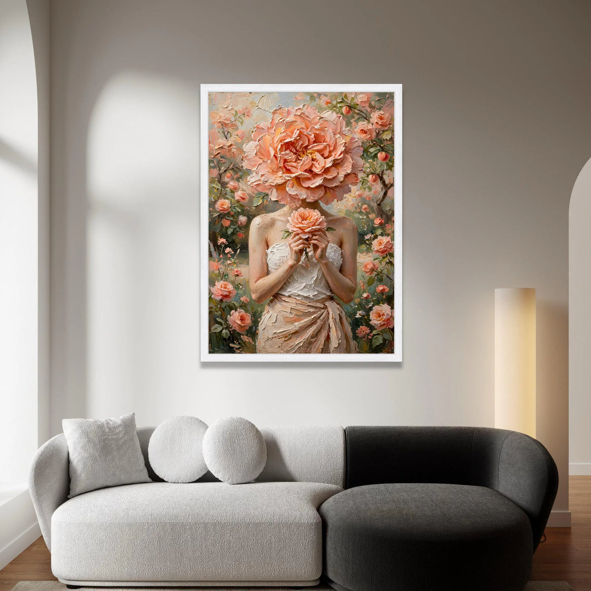 Elegant Woman with Peach Rose Headpiece, Floral Canvas Wall Art, Romantic Garden Scene, Feminine Decorative Painting, Ready Canvas Print Art
