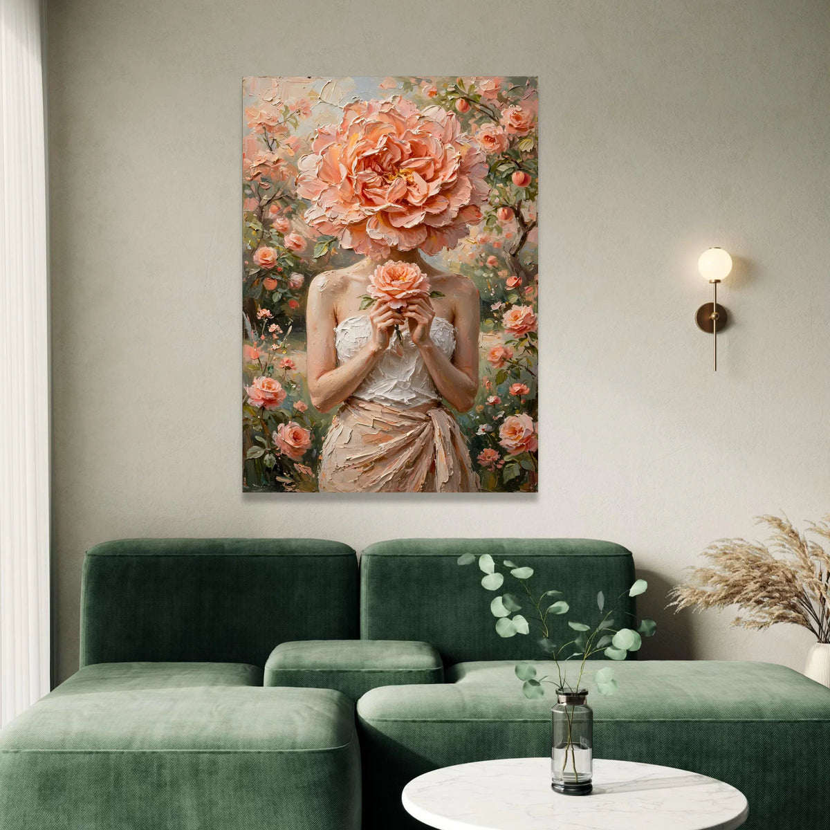 Elegant Woman with Peach Rose Headpiece, Floral Canvas Wall Art, Romantic Garden Scene, Feminine Decorative Painting, Ready Canvas Print Art