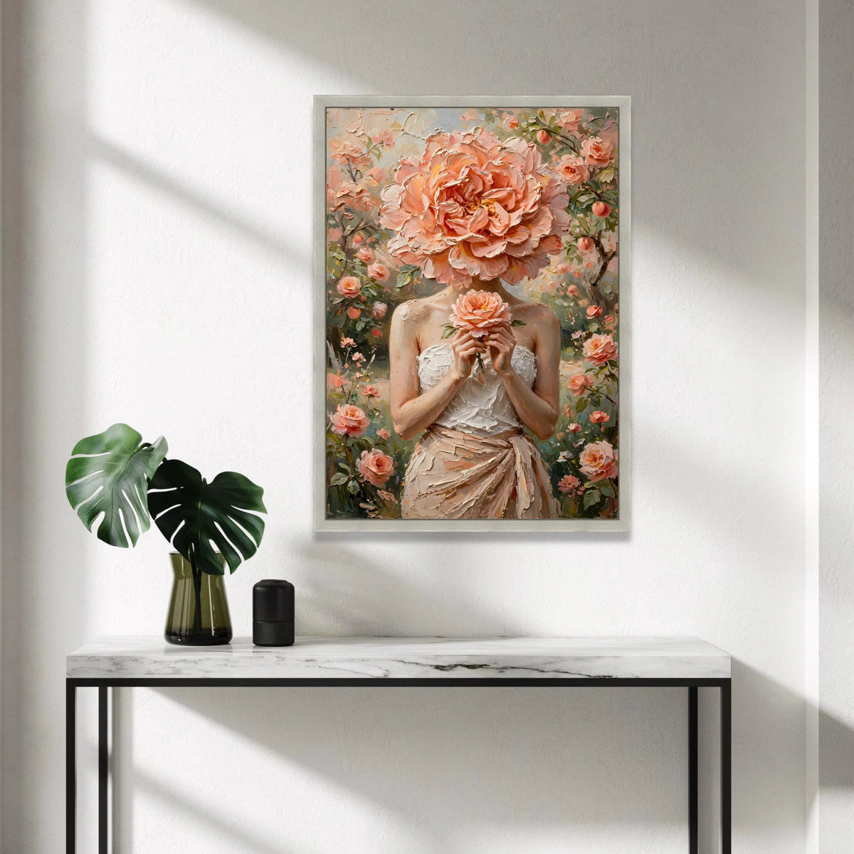 Elegant Woman with Peach Rose Headpiece, Floral Canvas Wall Art, Romantic Garden Scene, Feminine Decorative Painting, Ready Canvas Print Art
