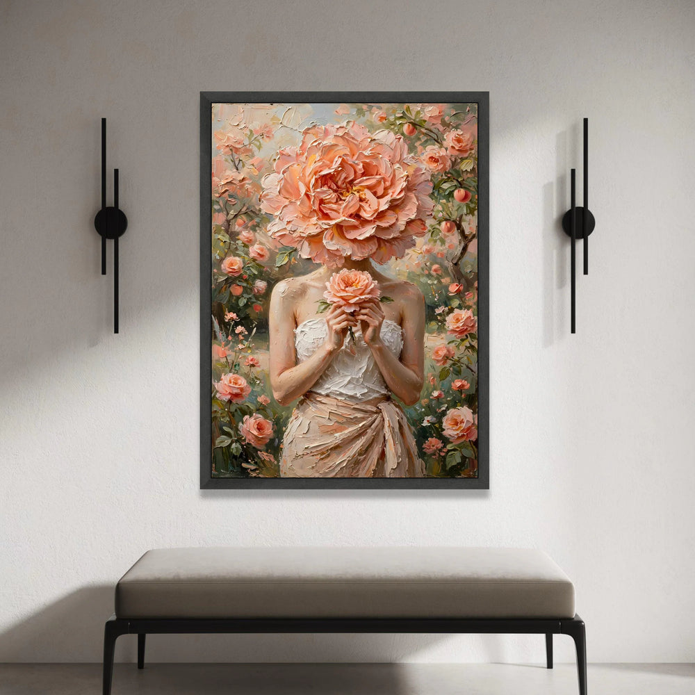 Elegant Woman with Peach Rose Headpiece, Floral Canvas Wall Art, Romantic Garden Scene, Feminine Decorative Painting, Ready Canvas Print Art