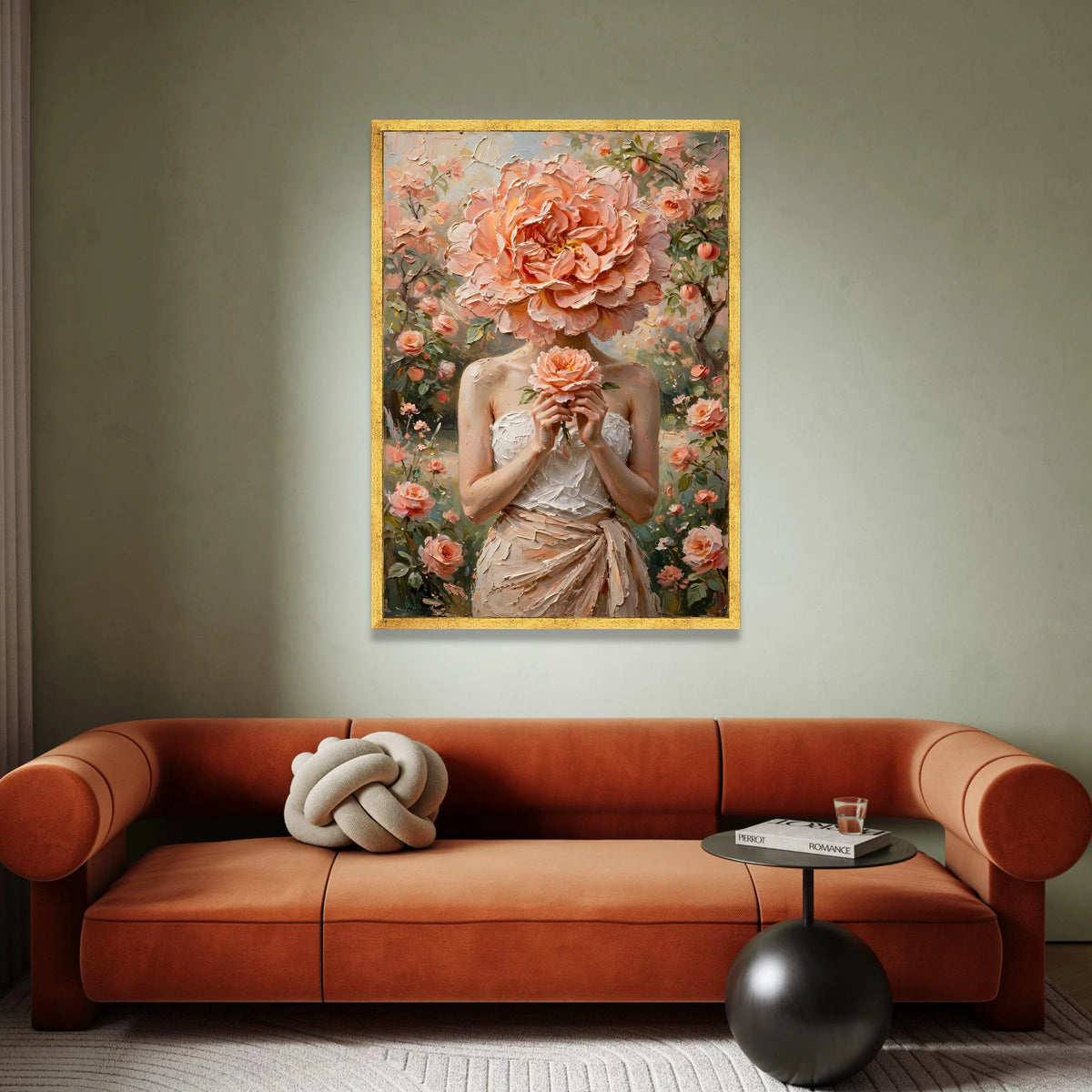 Elegant Woman with Peach Rose Headpiece, Floral Canvas Wall Art, Romantic Garden Scene, Feminine Decorative Painting, Ready Canvas Print Art