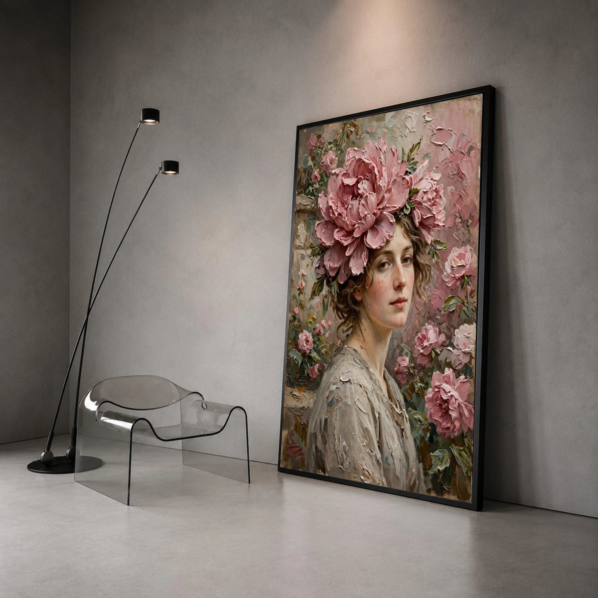 Elegant Woman Portrait with Pink Peonies Canvas, Floral Headpiece Wall Art, Romantic Flower Arrangement, Classic Beauty Canvas Print Art