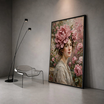 Elegant Woman Portrait with Pink Peonies Canvas, Floral Headpiece Wall Art, Romantic Flower Arrangement, Classic Beauty Canvas Print Art