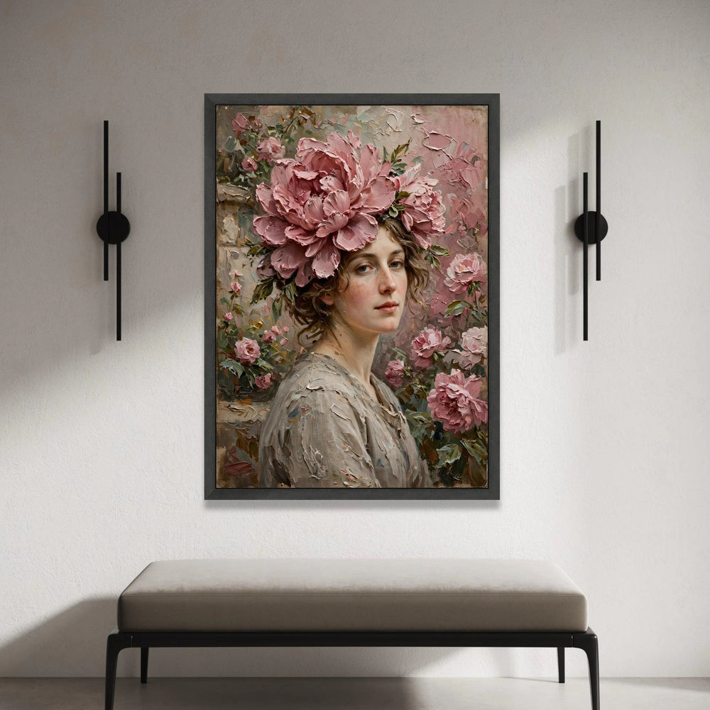 Elegant Woman Portrait with Pink Peonies Canvas, Floral Headpiece Wall Art, Romantic Flower Arrangement, Classic Beauty Canvas Print Art