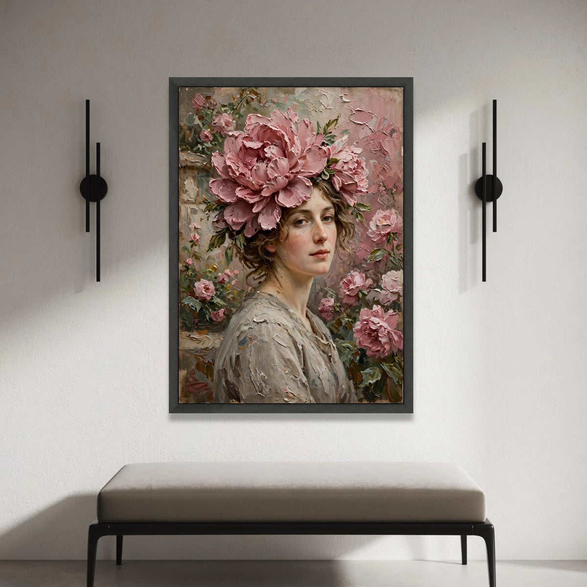 Elegant Woman Portrait with Pink Peonies Canvas, Floral Headpiece Wall Art, Romantic Flower Arrangement, Classic Beauty Canvas Print Art