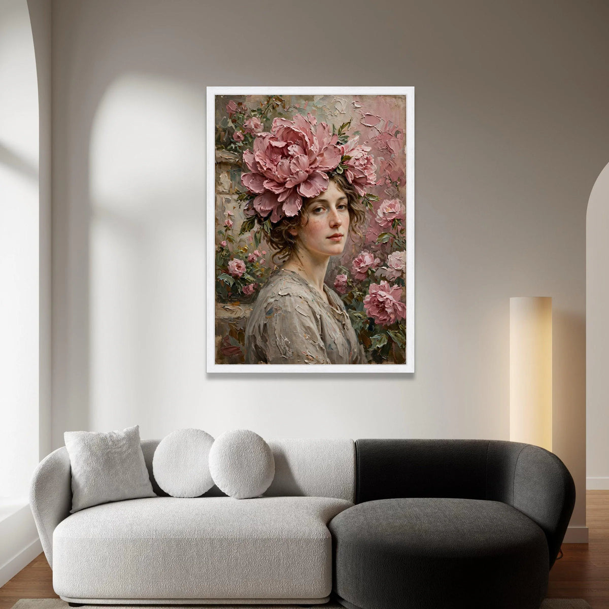 Elegant Woman Portrait with Pink Peonies Canvas, Floral Headpiece Wall Art, Romantic Flower Arrangement, Classic Beauty Canvas Print Art