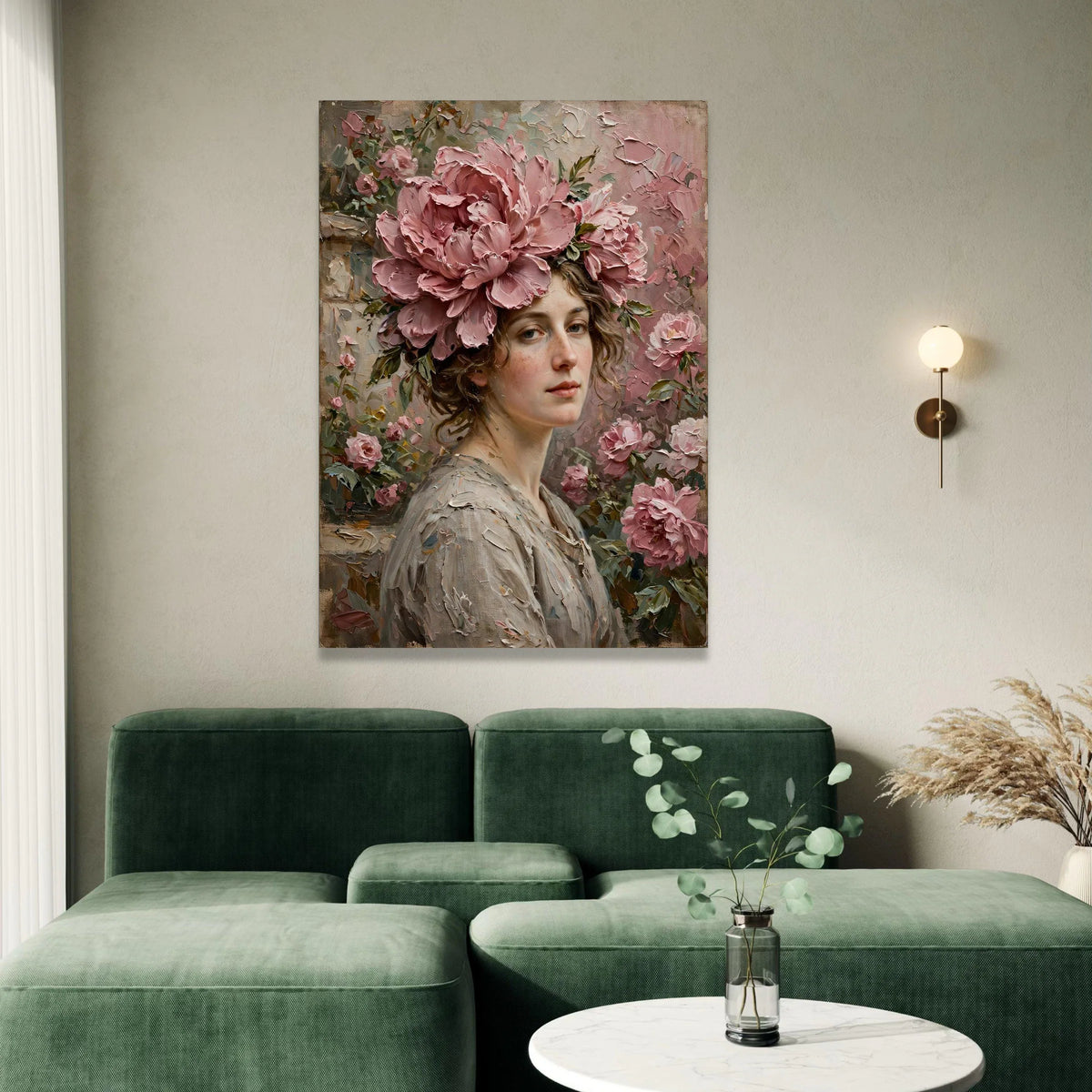 Elegant Woman Portrait with Pink Peonies Canvas, Floral Headpiece Wall Art, Romantic Flower Arrangement, Classic Beauty Canvas Print Art