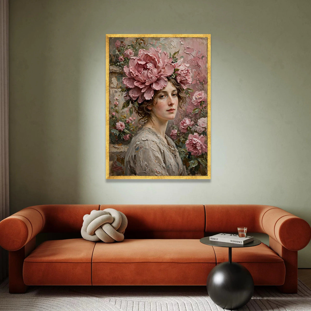 Elegant Woman Portrait with Pink Peonies Canvas, Floral Headpiece Wall Art, Romantic Flower Arrangement, Classic Beauty Canvas Print Art