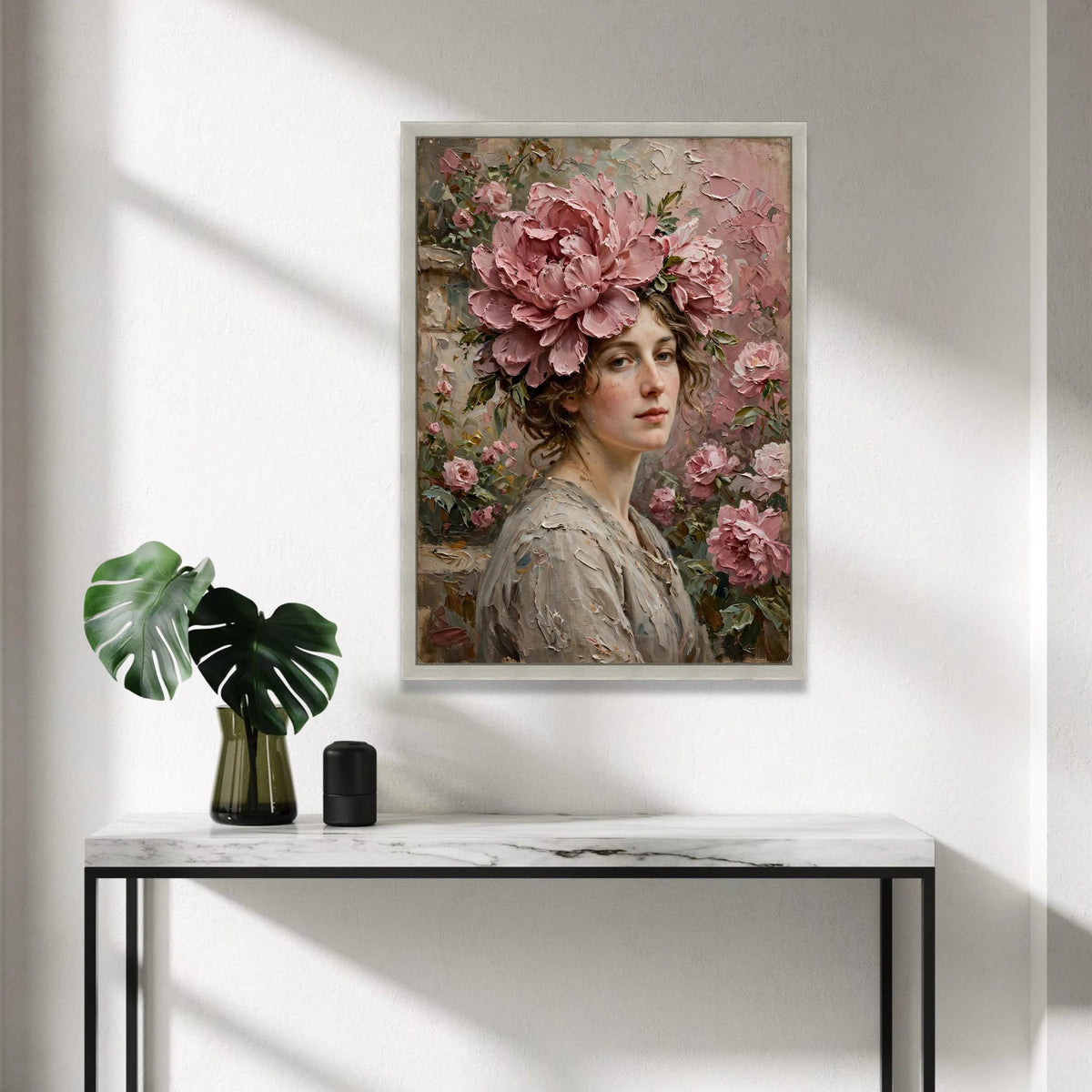 Elegant Woman Portrait with Pink Peonies Canvas, Floral Headpiece Wall Art, Romantic Flower Arrangement, Classic Beauty Canvas Print Art