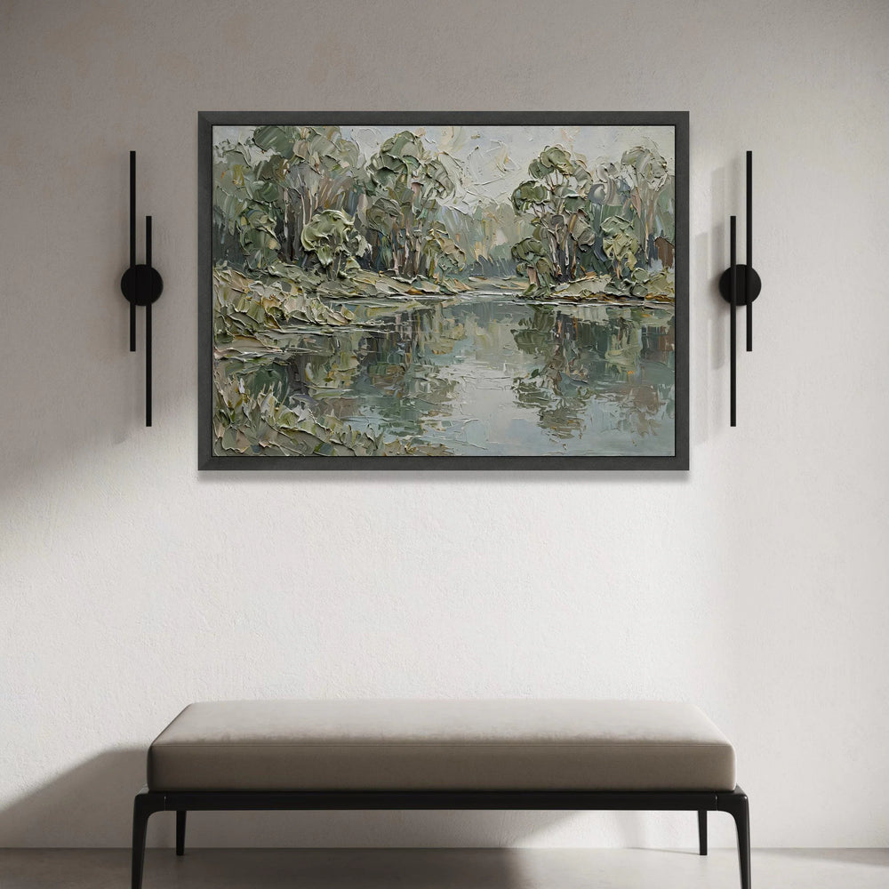 Serene River Landscape Canvas, Green Trees Reflection, Nature Wall Art, Tranquil Water Scene, Calm Forest Canvas Decoration Canvas Print Art