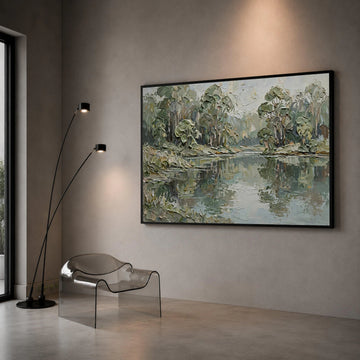 Serene River Landscape Canvas, Green Trees Reflection, Nature Wall Art, Tranquil Water Scene, Calm Forest Canvas Decoration Canvas Print Art