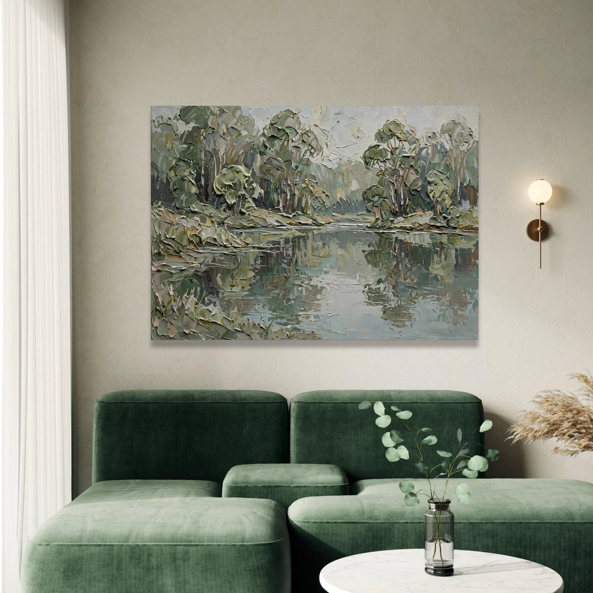 Serene River Landscape Canvas, Green Trees Reflection, Nature Wall Art, Tranquil Water Scene, Calm Forest Canvas Decoration Canvas Print Art