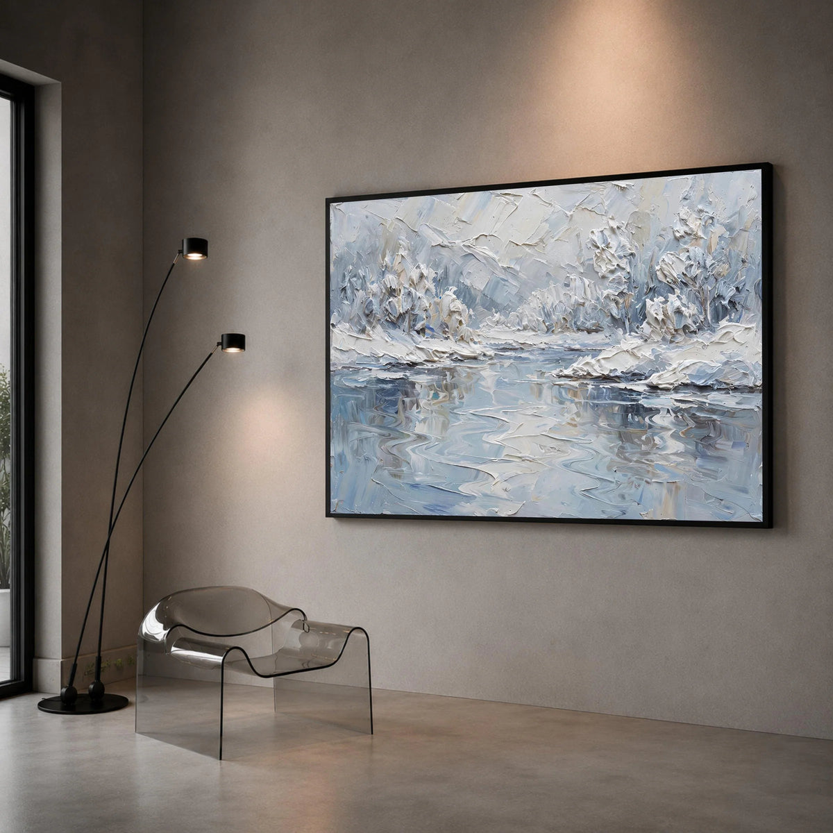 Winter Landscape Canvas Wall Art, Snowy River Scene, Modern Abstract Nature Painting, Cool Tone Home Decoration Canvas Print Art