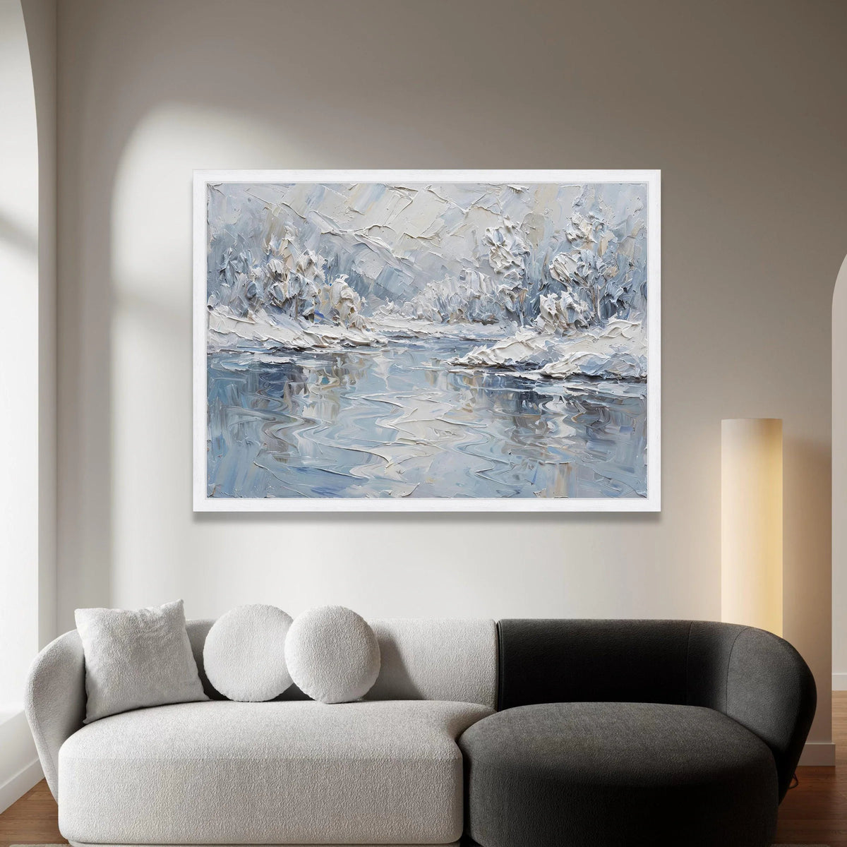Winter Landscape Canvas Wall Art, Snowy River Scene, Modern Abstract Nature Painting, Cool Tone Home Decoration Canvas Print Art