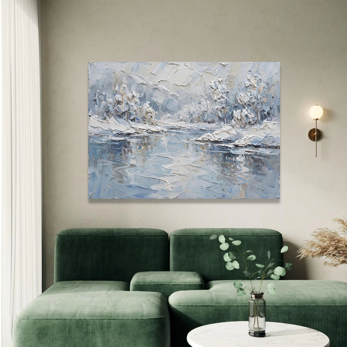 Winter Landscape Canvas Wall Art, Snowy River Scene, Modern Abstract Nature Painting, Cool Tone Home Decoration Canvas Print Art