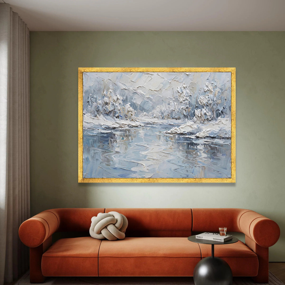 Winter Landscape Canvas Wall Art, Snowy River Scene, Modern Abstract Nature Painting, Cool Tone Home Decoration Canvas Print Art