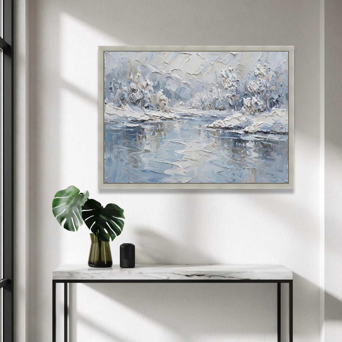 Winter Landscape Canvas Wall Art, Snowy River Scene, Modern Abstract Nature Painting, Cool Tone Home Decoration Canvas Print Art