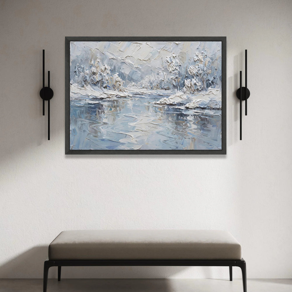 Winter Landscape Canvas Wall Art, Snowy River Scene, Modern Abstract Nature Painting, Cool Tone Home Decoration Canvas Print Art