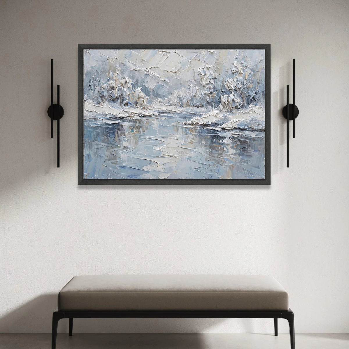 Winter Landscape Canvas Wall Art, Snowy River Scene, Modern Abstract Nature Painting, Cool Tone Home Decoration Canvas Print Art