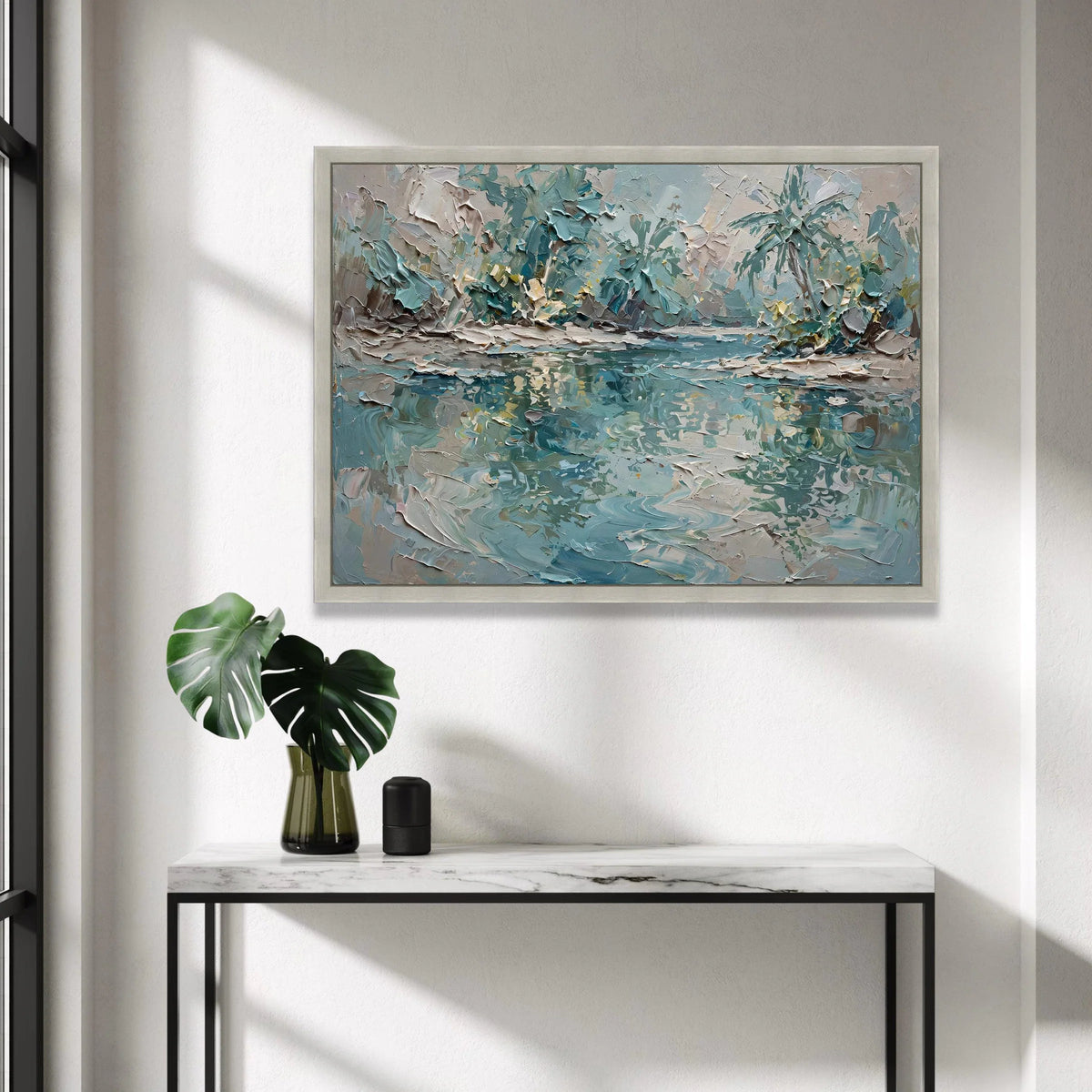 Serene River Landscape Canvas, Blue Green Nature Scene, Abstract Forest Reflection, Calm Water Wall Art, Tranquil Outdoor Canvas Print Art