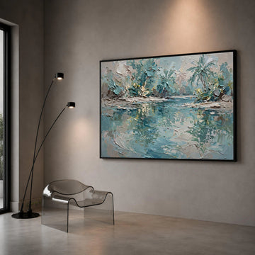 Serene River Landscape Canvas, Blue Green Nature Scene, Abstract Forest Reflection, Calm Water Wall Art, Tranquil Outdoor Canvas Print Art
