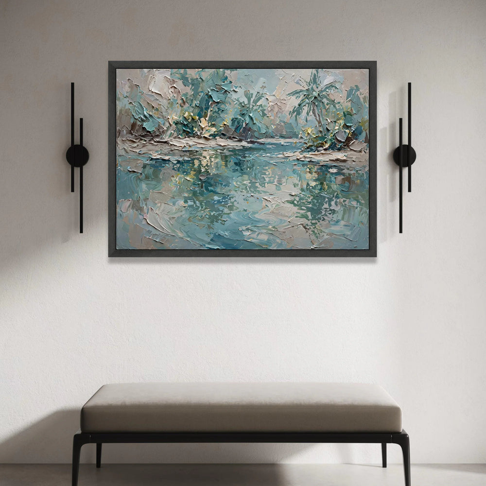 Serene River Landscape Canvas, Blue Green Nature Scene, Abstract Forest Reflection, Calm Water Wall Art, Tranquil Outdoor Canvas Print Art