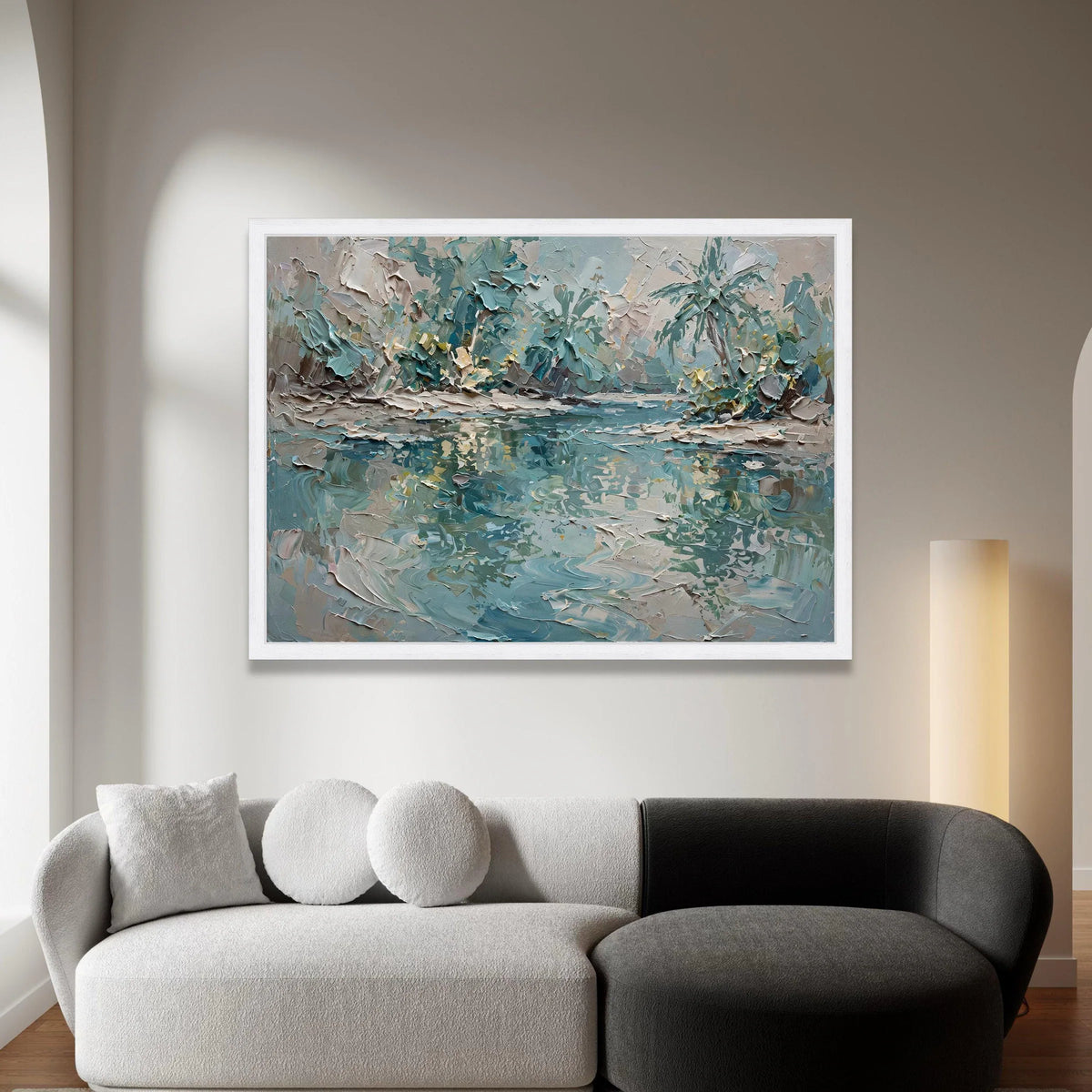 Serene River Landscape Canvas, Blue Green Nature Scene, Abstract Forest Reflection, Calm Water Wall Art, Tranquil Outdoor Canvas Print Art