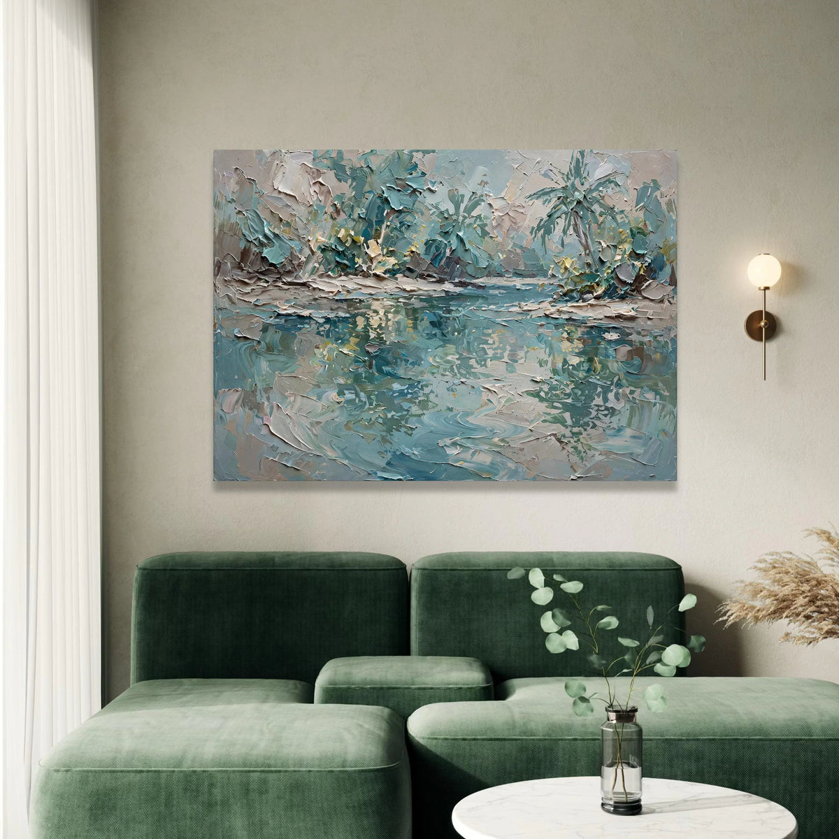 Serene River Landscape Canvas, Blue Green Nature Scene, Abstract Forest Reflection, Calm Water Wall Art, Tranquil Outdoor Canvas Print Art