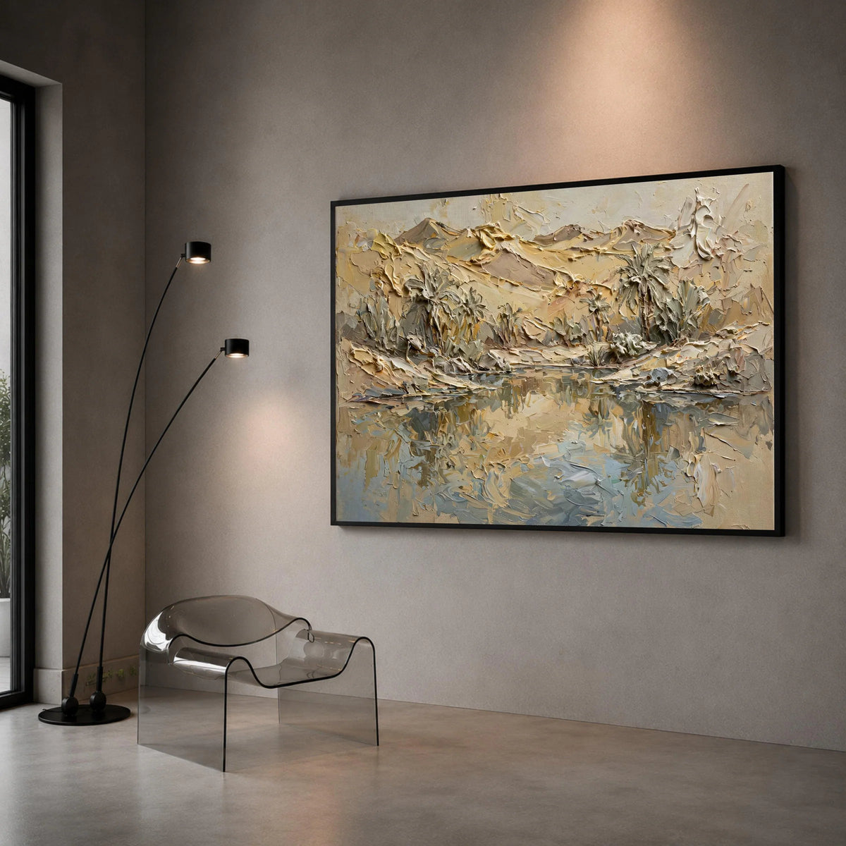 Desert Oasis Landscape Canvas, Palm Trees Reflection Wall Art, Earth Tone Mountain View, Contemporary Nature Scene Canvas, Canvas Print Art