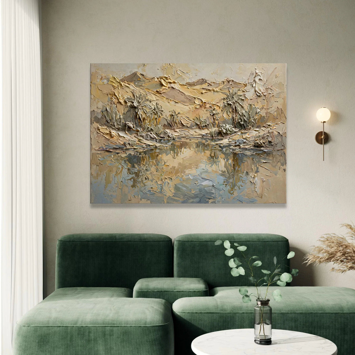 Desert Oasis Landscape Canvas, Palm Trees Reflection Wall Art, Earth Tone Mountain View, Contemporary Nature Scene Canvas, Canvas Print Art