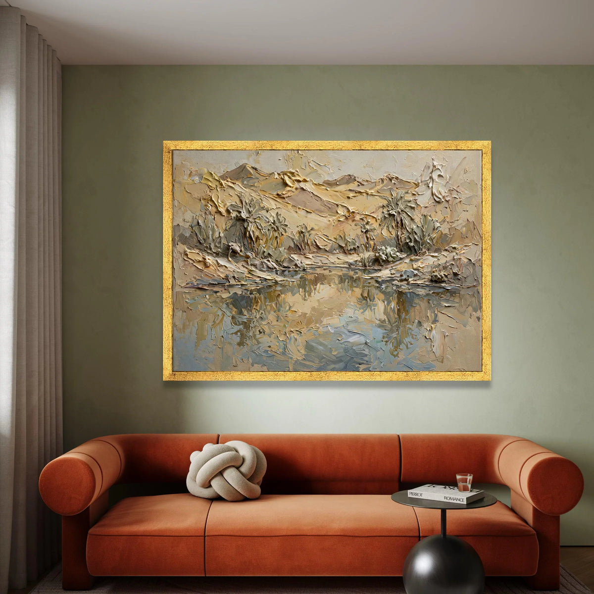 Desert Oasis Landscape Canvas, Palm Trees Reflection Wall Art, Earth Tone Mountain View, Contemporary Nature Scene Canvas, Canvas Print Art