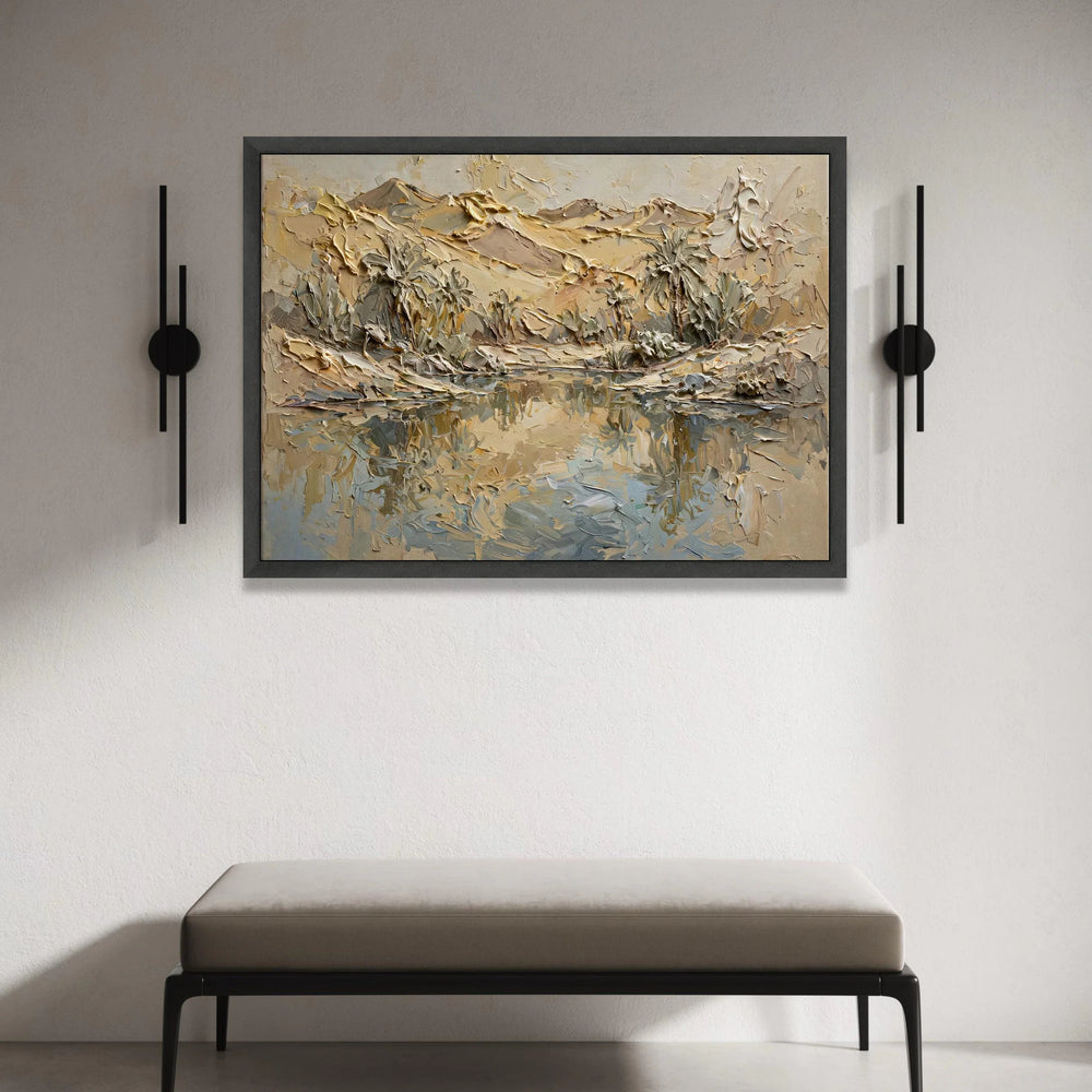 Desert Oasis Landscape Canvas, Palm Trees Reflection Wall Art, Earth Tone Mountain View, Contemporary Nature Scene Canvas, Canvas Print Art