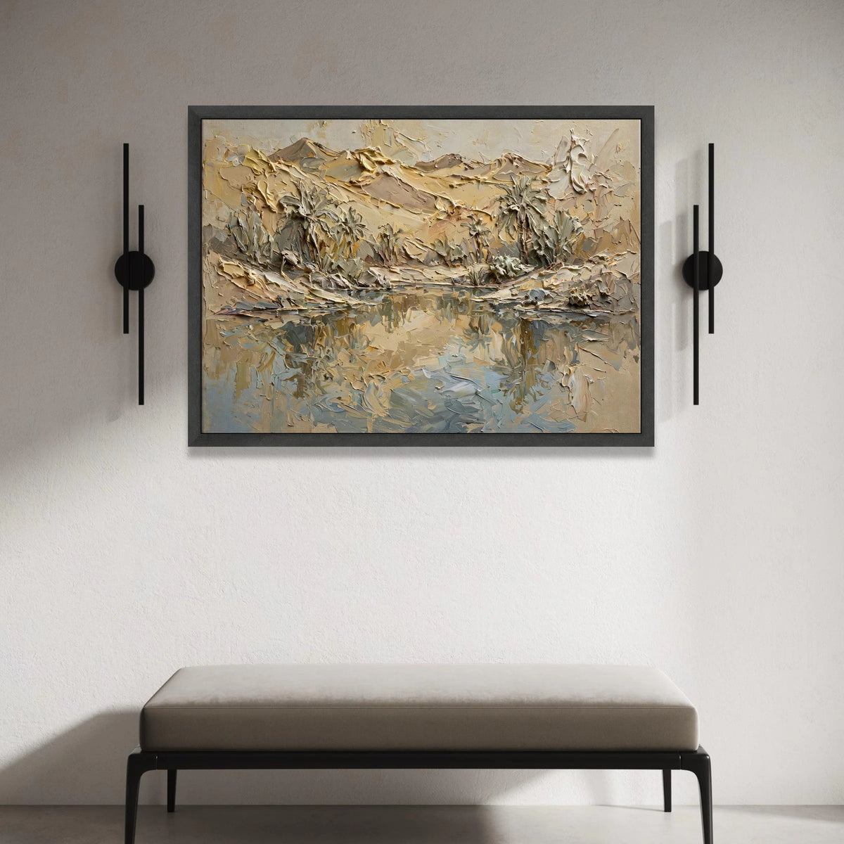 Desert Oasis Landscape Canvas, Palm Trees Reflection Wall Art, Earth Tone Mountain View, Contemporary Nature Scene Canvas, Canvas Print Art