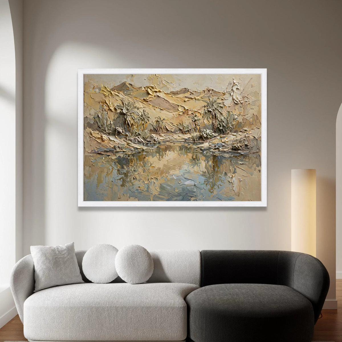 Desert Oasis Landscape Canvas, Palm Trees Reflection Wall Art, Earth Tone Mountain View, Contemporary Nature Scene Canvas, Canvas Print Art