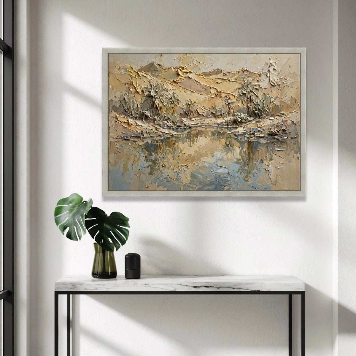 Desert Oasis Landscape Canvas, Palm Trees Reflection Wall Art, Earth Tone Mountain View, Contemporary Nature Scene Canvas, Canvas Print Art