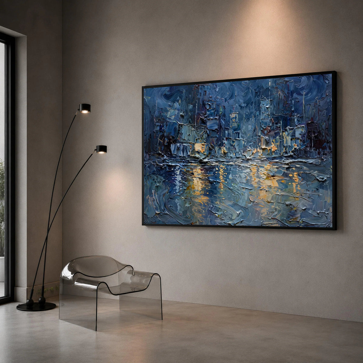 Night City Skyline Canvas, Urban Abstract Wall Art, Blue and Gold Tones, Modern Cityscape Canvas, Reflective River Scene Canvas Print Art