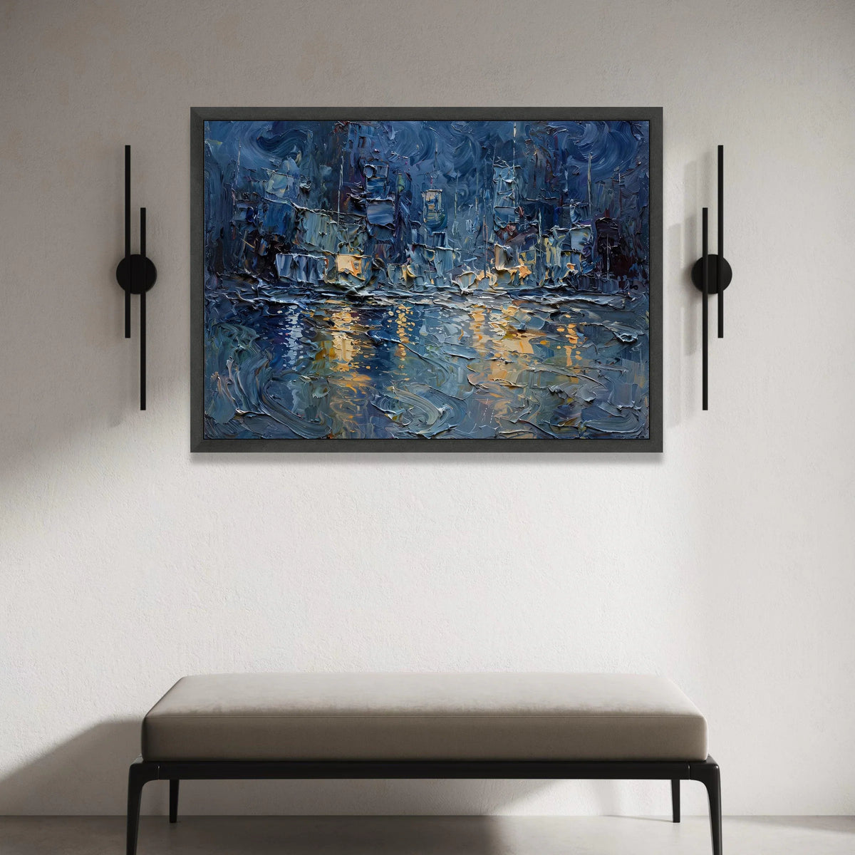 Night City Skyline Canvas, Urban Abstract Wall Art, Blue and Gold Tones, Modern Cityscape Canvas, Reflective River Scene Canvas Print Art