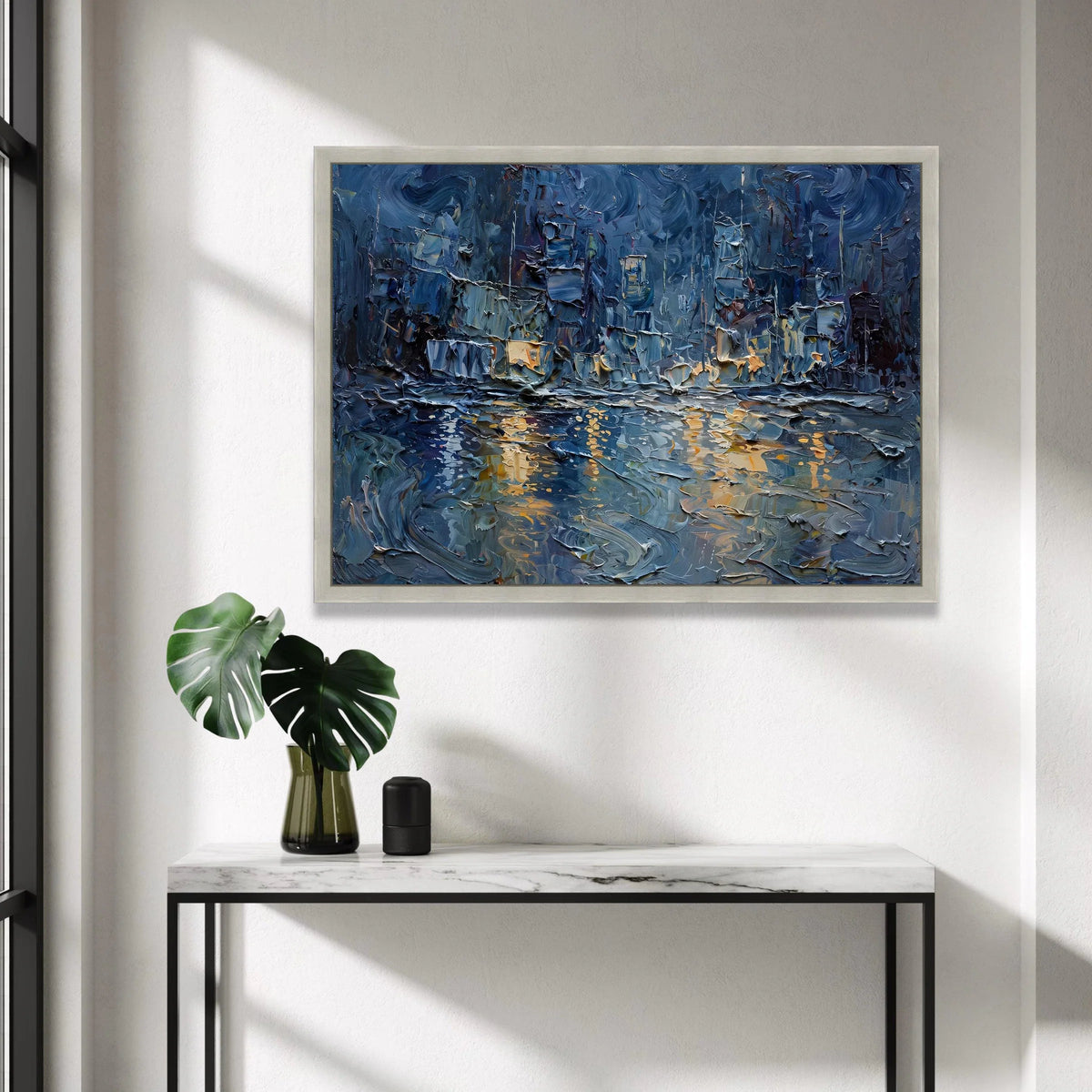 Night City Skyline Canvas, Urban Abstract Wall Art, Blue and Gold Tones, Modern Cityscape Canvas, Reflective River Scene Canvas Print Art