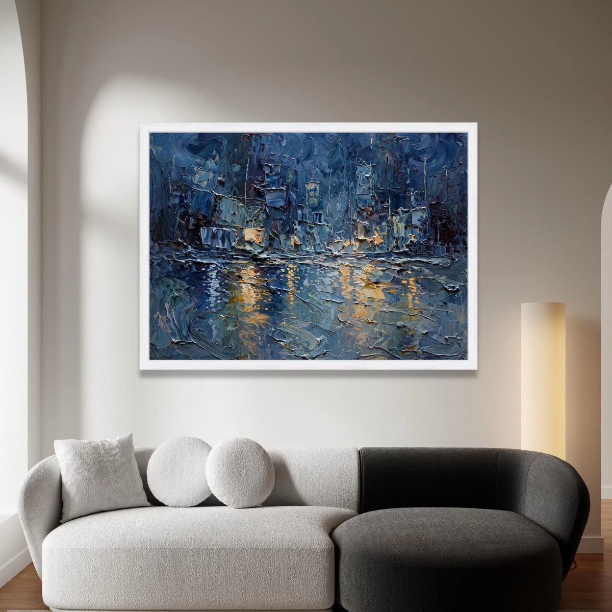Night City Skyline Canvas, Urban Abstract Wall Art, Blue and Gold Tones, Modern Cityscape Canvas, Reflective River Scene Canvas Print Art