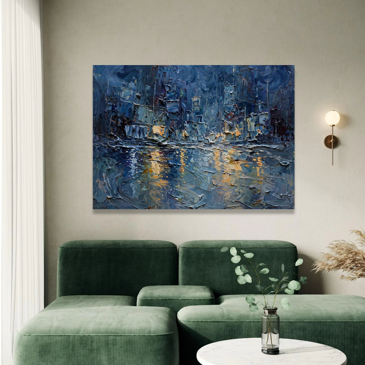 Night City Skyline Canvas, Urban Abstract Wall Art, Blue and Gold Tones, Modern Cityscape Canvas, Reflective River Scene Canvas Print Art