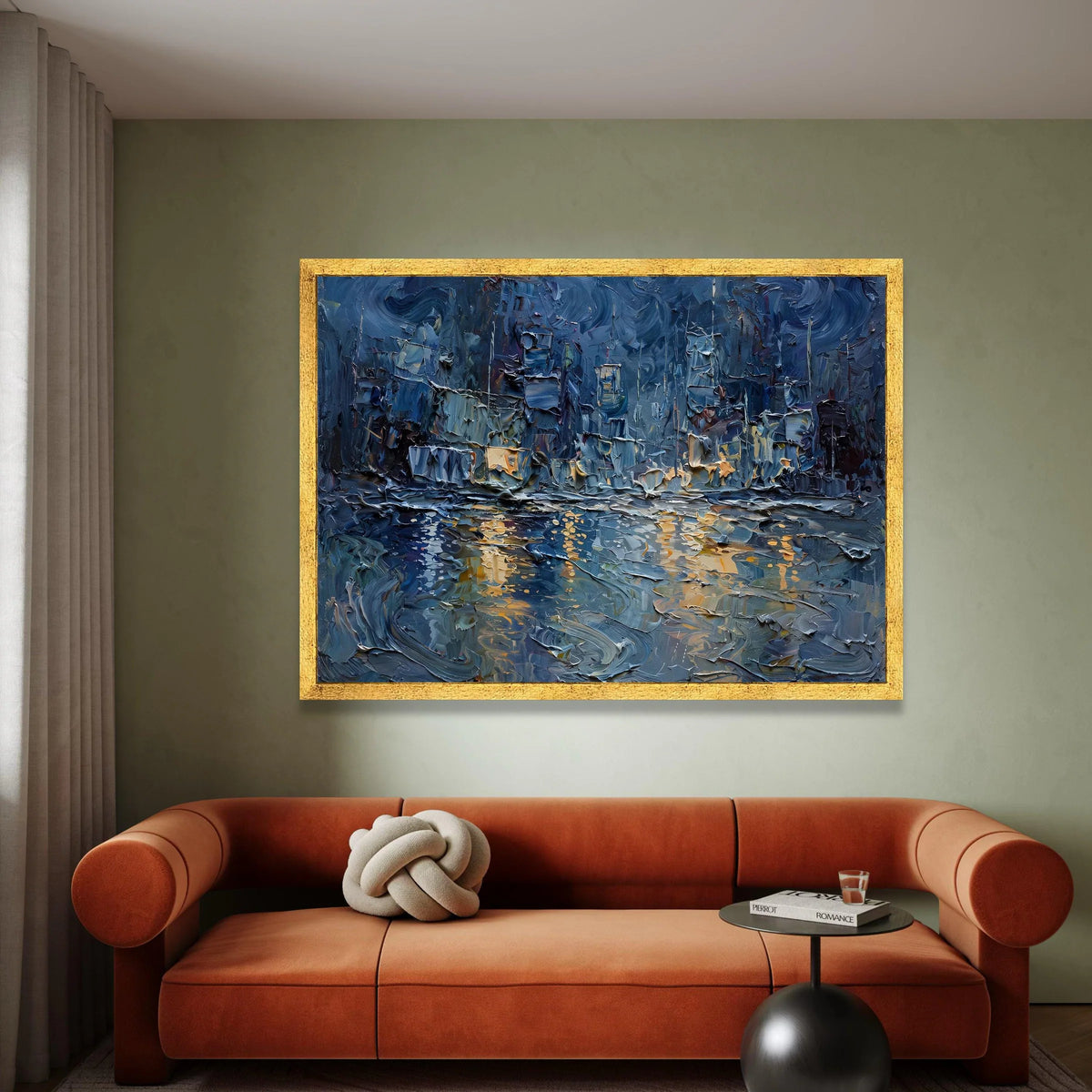 Night City Skyline Canvas, Urban Abstract Wall Art, Blue and Gold Tones, Modern Cityscape Canvas, Reflective River Scene Canvas Print Art