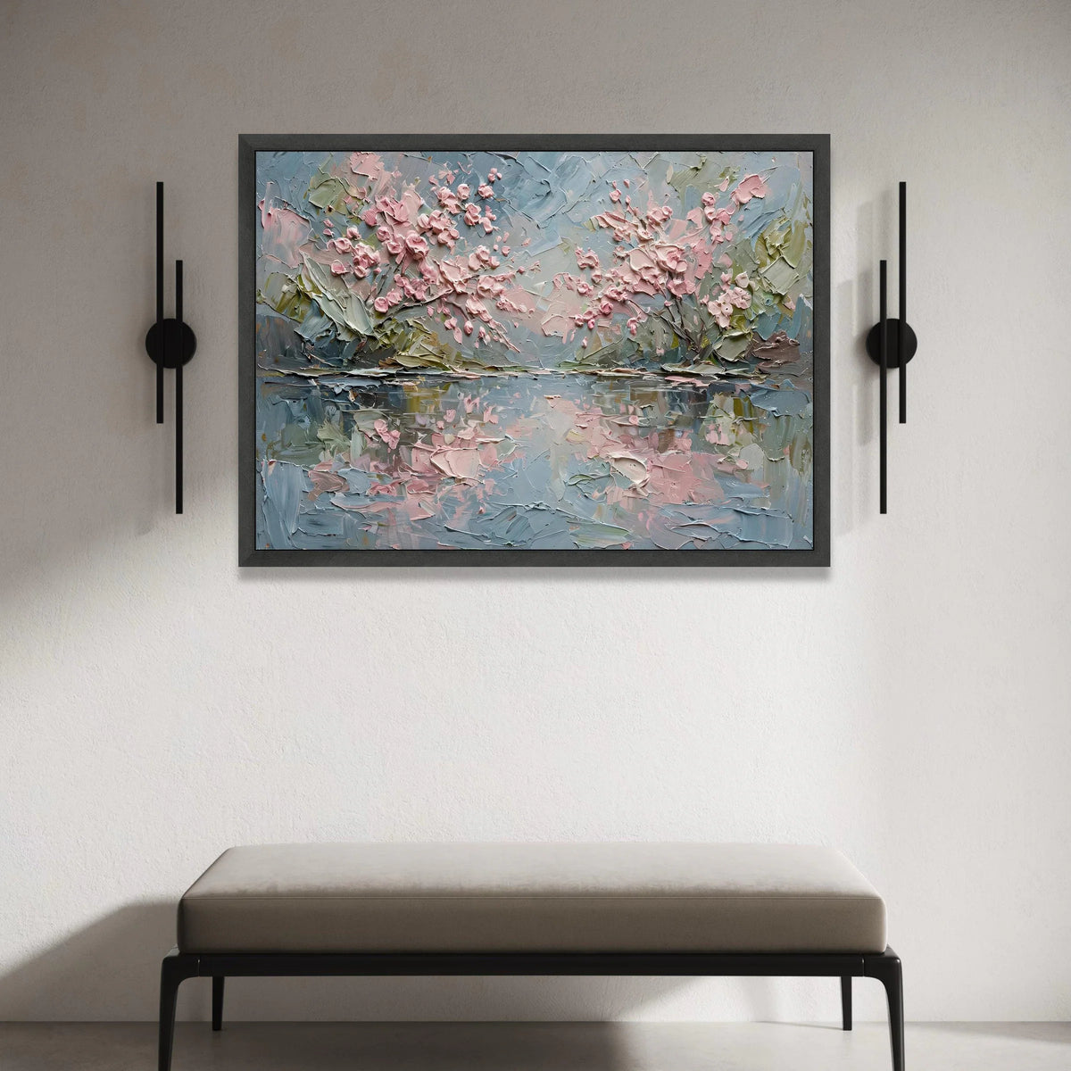 Soft Pink Blossom Trees Canvas, Spring Floral Reflection Wall Art, Pastel Garden Landscape Canvas, Elegant Home Decor Canvas Print Art