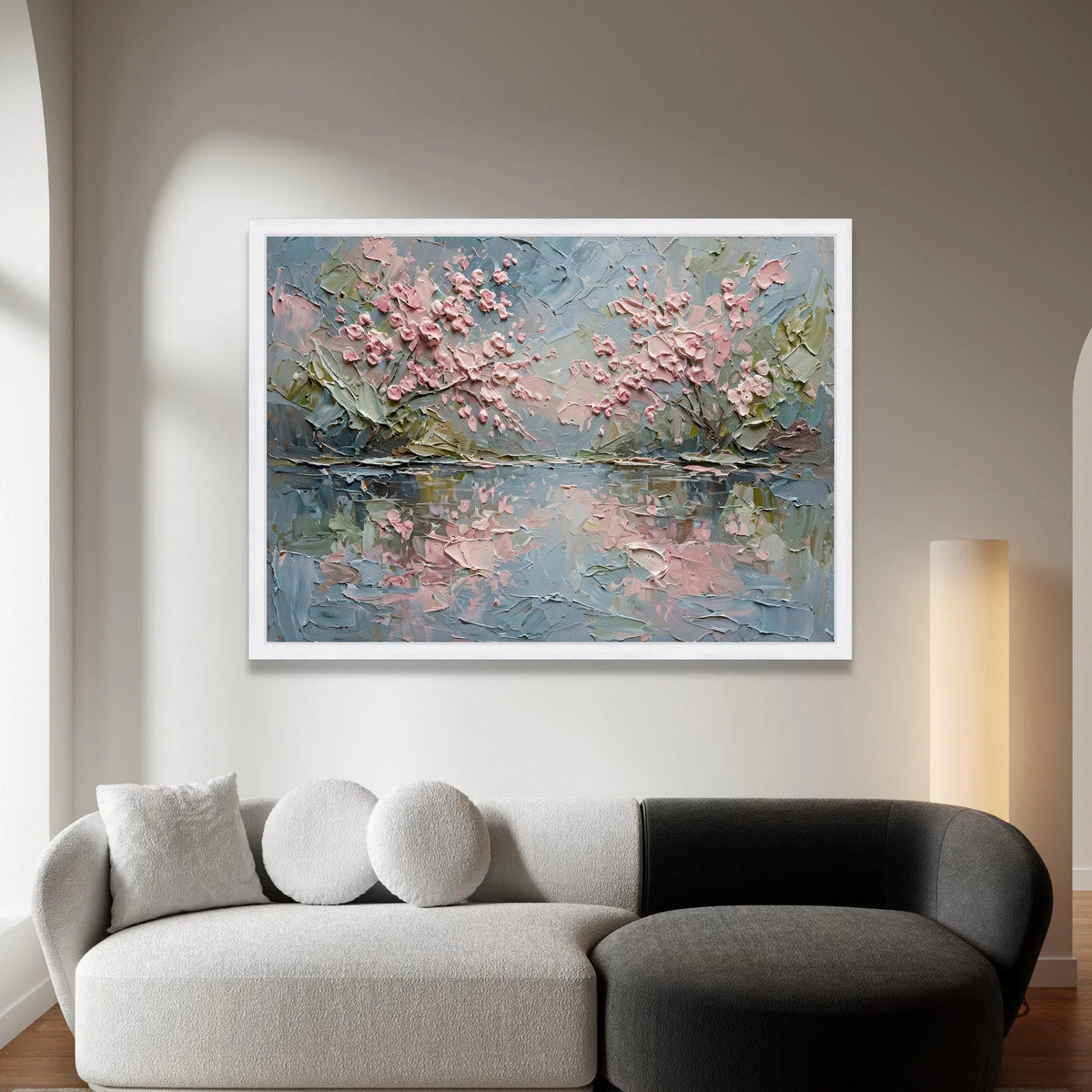 Soft Pink Blossom Trees Canvas, Spring Floral Reflection Wall Art, Pastel Garden Landscape Canvas, Elegant Home Decor Canvas Print Art