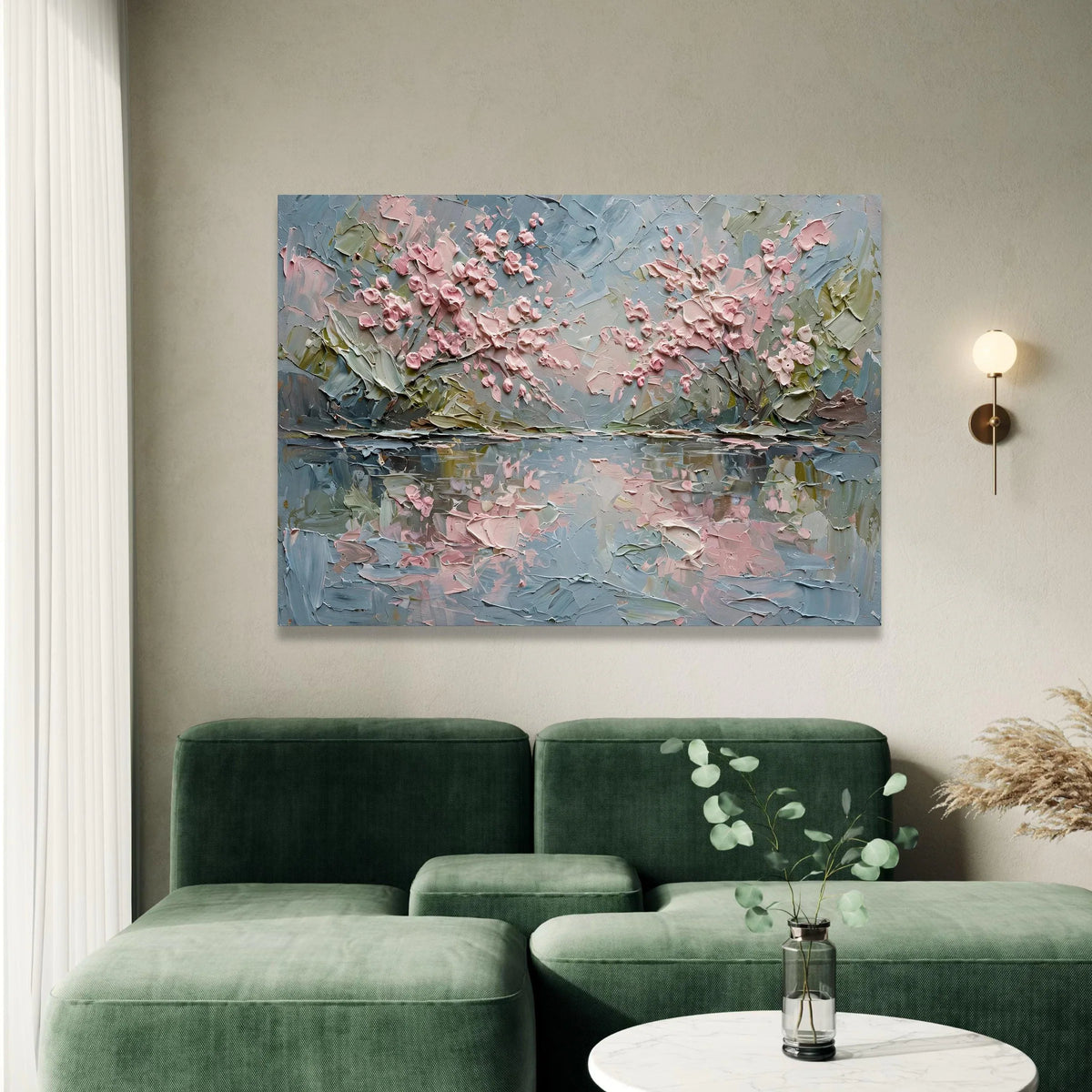 Soft Pink Blossom Trees Canvas, Spring Floral Reflection Wall Art, Pastel Garden Landscape Canvas, Elegant Home Decor Canvas Print Art