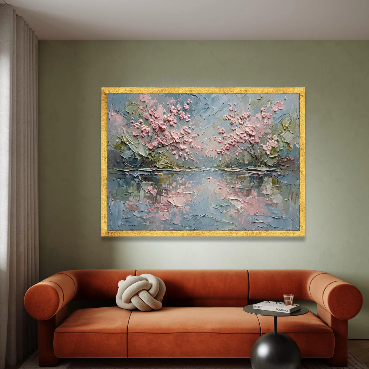 Soft Pink Blossom Trees Canvas, Spring Floral Reflection Wall Art, Pastel Garden Landscape Canvas, Elegant Home Decor Canvas Print Art