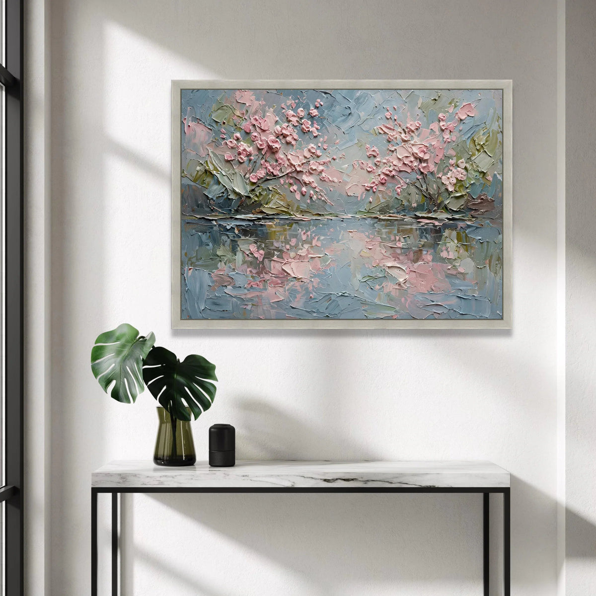 Soft Pink Blossom Trees Canvas, Spring Floral Reflection Wall Art, Pastel Garden Landscape Canvas, Elegant Home Decor Canvas Print Art