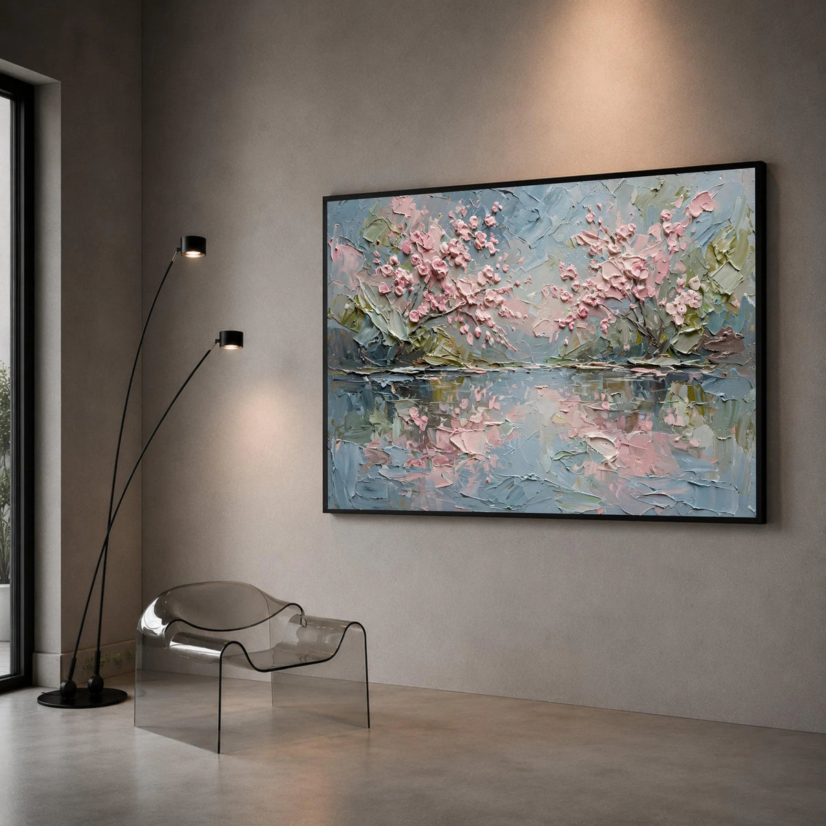 Soft Pink Blossom Trees Canvas, Spring Floral Reflection Wall Art, Pastel Garden Landscape Canvas, Elegant Home Decor Canvas Print Art