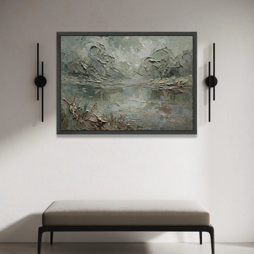Misty Forest Lake Canvas Wall Art, Serene Nature Landscape, Green and Gray Floral Scene, Tranquil Water Reflection, Ready Canvas Print Art
